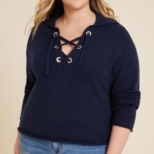 Maurices Women XS Navy Blue Preppy Coastal Relaxed Lace Up Collared Sweater NWT